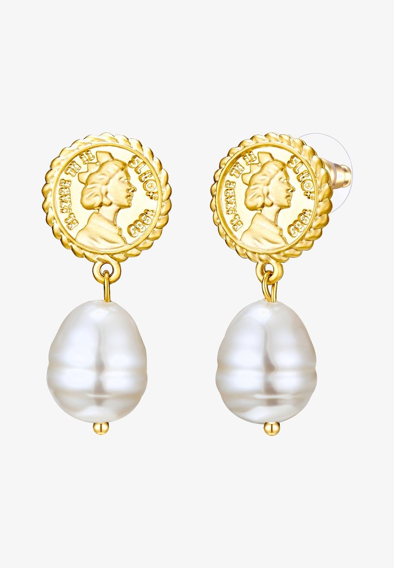 Zlate uhane s kovinskim dizajnom, ki vsebuje profil, in teksturiran, sijoč bel biser, ki visi spodaj, zaključen z zlatim akcentom.