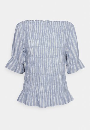 Blouse pour femme rayée verticalement en bleu et blanc avec manches courtes volantées et ourlet volanté, vue de dos.