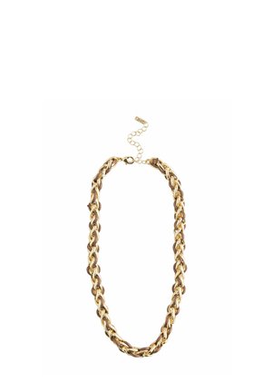 Gold-tone chain necklace braided with brown leather cord, featuring a clasp and adjustable link extension.