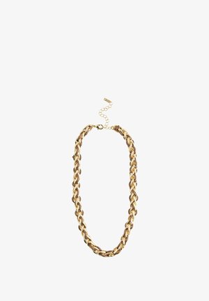 Gold-tone chain necklace braided with brown leather cord, featuring a clasp and adjustable link extension.