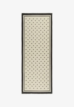 Rectangular scarf in cream with a black geometric pattern. Edged with a dark border and fringe detailing. Made from soft, lightweight fabric.