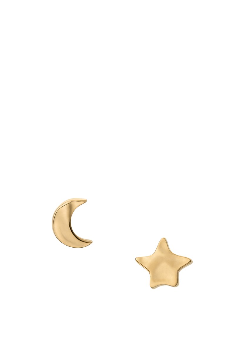 Pendientes de oro con un diseño de luna creciente y estrella. Textura suave con acabado pulido; cada pieza tiene una forma distintiva y simétrica.