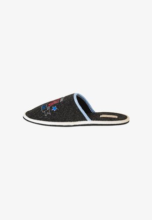 Gray felt slipper with blue and white striped lining, featuring embroidered red and blue design elements, and a white sole.