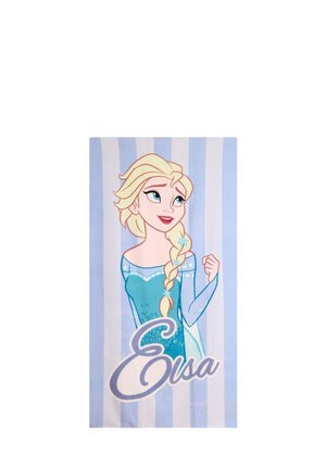 Blonde woman in blue dress with long braid and snowflakes, smiling and looking up, with the name Elsa below on striped background.