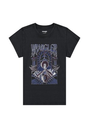 Schwarzes Wrangler-T-Shirt mit abstraktem blau-weißem Grafikdesign, das eine sitzende Figur, architektonische Säulen und stilisierten Text oben zeigt.