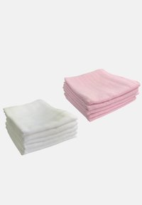 Two stacks of cotton muslin cloths: one stack white, one stack pink. Each cloth features a subtle grid texture.