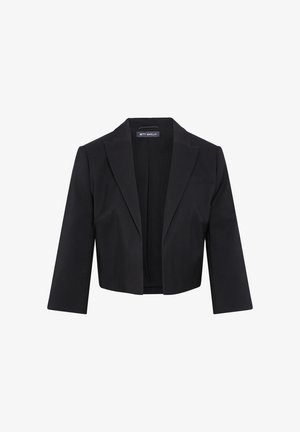 Blazer nero corto con texture satinata, revers a punta e design aperto nella parte anteriore. Presenta maniche lunghe e vestibilità sartoriale.