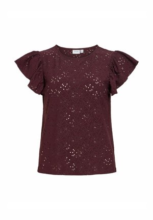 Blouse courte à manches courtes de couleur violet foncé avec un motif floral en dentelle ajourée, des manches à volants, un col rond et un ourlet droit.