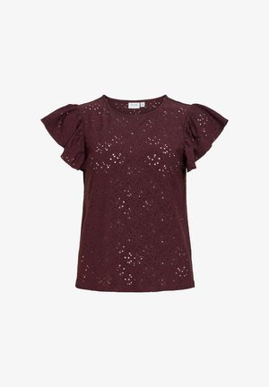 Blusa viola scuro a maniche corte con motivo floreale in pizzo sangallo, maniche arricciate, scollo rotondo e orlo dritto.