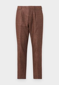 Brown textured trousers with a tailored fit, featuring a flat front, two front pockets, and a subtle sheen.