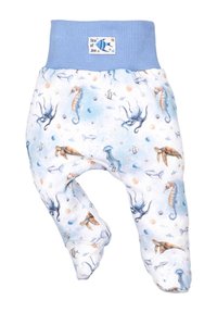 Weiße Stoffhosen mit einem hellblauen Bund, die ein aquatisches Muster von Seepferdchen, Oktopussen, Fischen und Blasen in sanften Aquarelltönen zeigt.