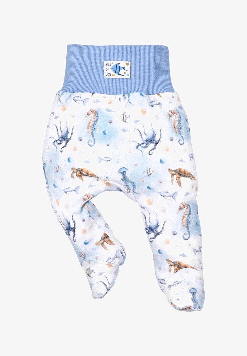 Weiße Stoffhosen mit einem hellblauen Bund, die ein aquatisches Muster von Seepferdchen, Oktopussen, Fischen und Blasen in sanften Aquarelltönen zeigt.