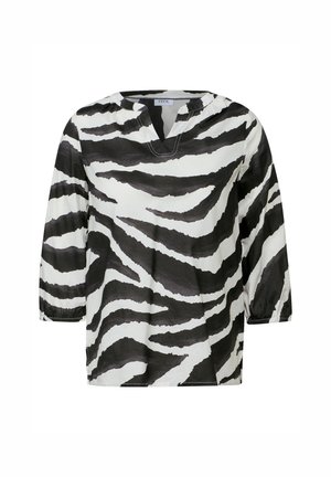 Zwart-wit gestreepte top met zebra-print, lange mouwen, V-hals, lichtgewicht stof, losse fit, met subtiele glans en elastische manchetten.