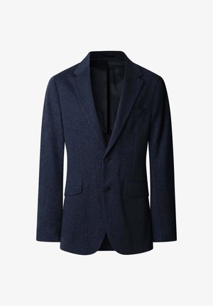 Blazer testurizzato blu navy con rever a toppa, chiusura a due bottoni, tasche laterali e taschino sul petto, con interno foderato.