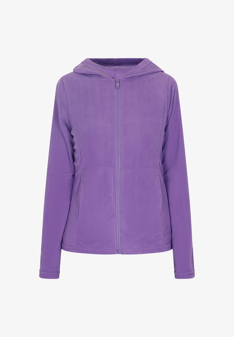 Giacca in fleece viola con zip intera, cappuccio e maniche lunghe. Texture liscia senza motivi o dettagli visibili.