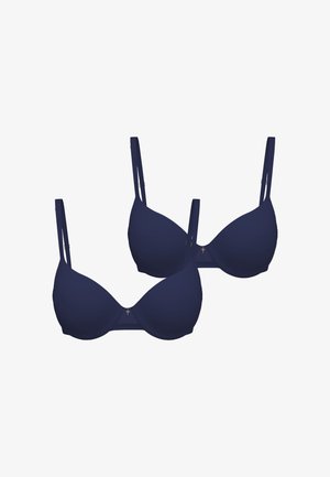 Deux soutiens-gorge rembourrés bleu marine avec bretelles ajustables et petit charm décoratif au centre devant sur fond blanc.