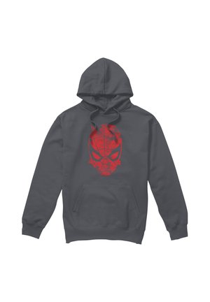 Dunkelgrauer Hoodie mit rotem, abgenutztem Spider-Man-Maskenmotiv auf der Brust und einer vorderen Kängurutasche.
