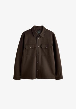 Brown, button-up jacket with a collar, two chest pockets, and snap buttons; made from soft fabric with a smooth texture.