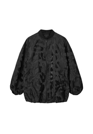 Schwarze Bomberjacke mit dezentem, strukturiertem Leopardenmuster, Reißverschluss vorne, elastischen Bündchen und zwei Seitentaschen.