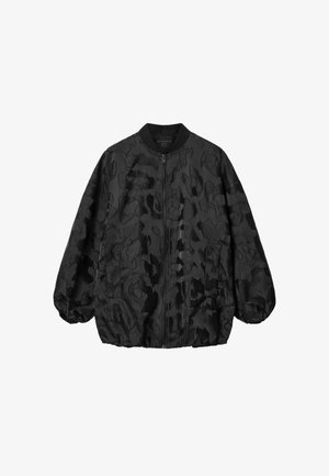 Schwarze Bomberjacke mit dezentem, strukturiertem Leopardenmuster, Reißverschluss vorne, elastischen Bündchen und zwei Seitentaschen.