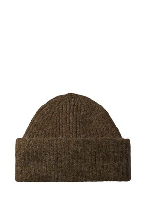 Braune, gestrickte Mütze aus Wolle. Verfügt über ein geripptes Design mit umgeschlagenem Bündchen. Die Textur ist weich und leicht flauschig.