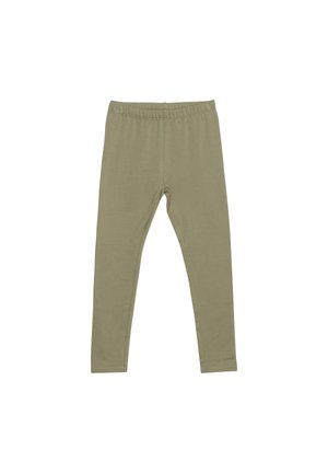 Olivgrüne Leggings aus weichem Baumwollmix. Elastischer Bund, schmaler Schnitt, vollflächiges Design mit glatter Textur und ohne sichtbare Muster.