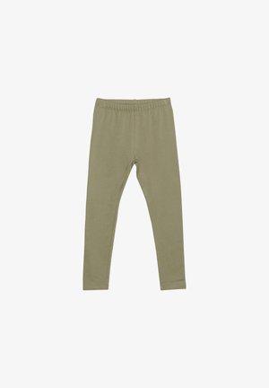 Oliivrohelised legging'id, mis on valmistatud pehmest puuvillasegust. Elastne vöökoht, kitsas lõige, täispikk disain sileda tekstuuri ja nähtamatute mustriteta.