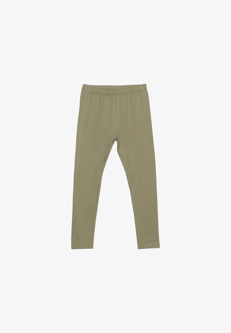 Olive zelene legice iz mehkega bombažnega mešanice. Elastični pas, ozek kroj, dolžina do gležnjev z gladko teksturo in brez vidnih vzorcev.