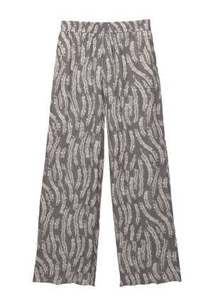 Pantaloni evazați dintr-o țesătură ușoară, gri, cu un model abstract alb. Talie elastică pentru confort și ușurință la purtare.