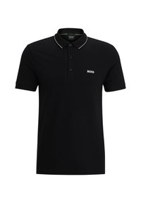 Svart polotröja i bomull, med en treknappslå, kort ärm och kontrasterande vit piping vid kragen. "BOSS"-logotyp i vitt.