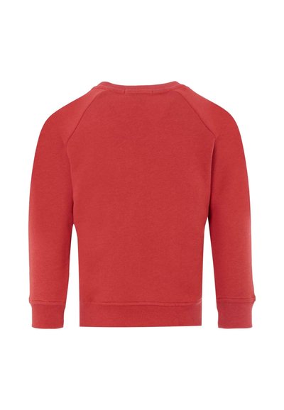 Felpa rossa con collo rotondo, maniche lunghe a raglan e polsini a costine. Realizzata in tessuto morbido, con un colore solido senza motivi.