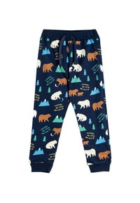 Pantalones de pijama azul marino con patrones de osos y montañas en marrón, blanco y verde. Cuentan con una cintura regulable con cordón y puños de canalé en los tobillos.