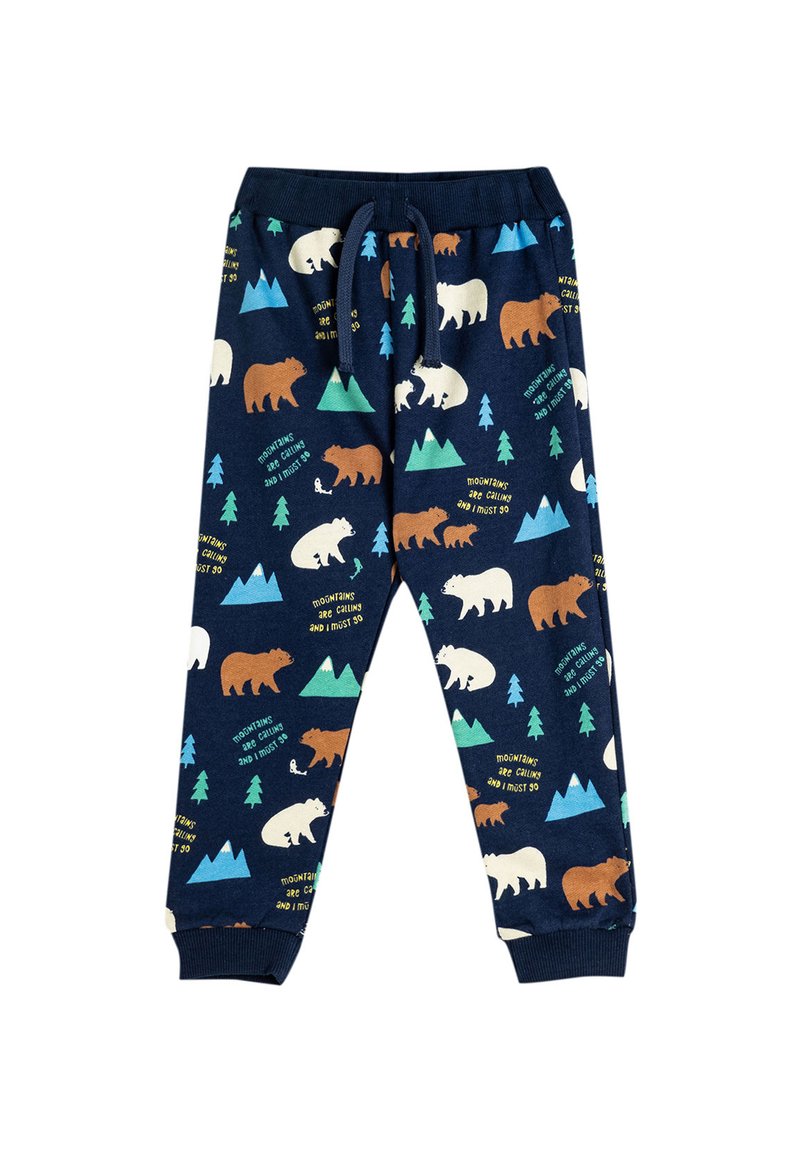 Pantalones de pijama azul marino con patrones de osos y montañas en marrón, blanco y verde. Cuentan con una cintura regulable con cordón y puños de canalé en los tobillos.