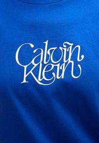 Sininen puuvillapaita, jossa on suuri valkoinen "Calvin Klein" -logo tyylikkäällä fontilla. Kangas on sileä ja siinä on pyöreä pääntie.