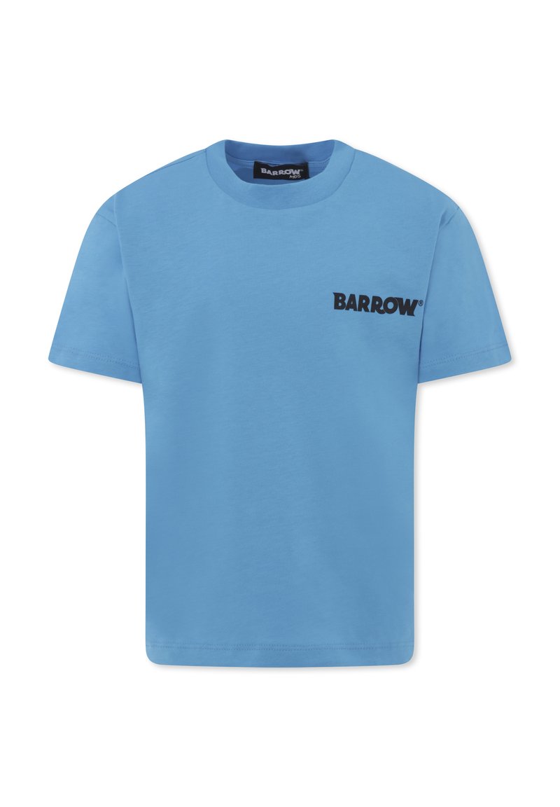 Jasnoniebieska bawełniana koszulka z okrągłym dekoltem i krótkimi rękawami, z czarnym logo "BARROW" na lewej piersi. Gładka tekstura, regularny krój.