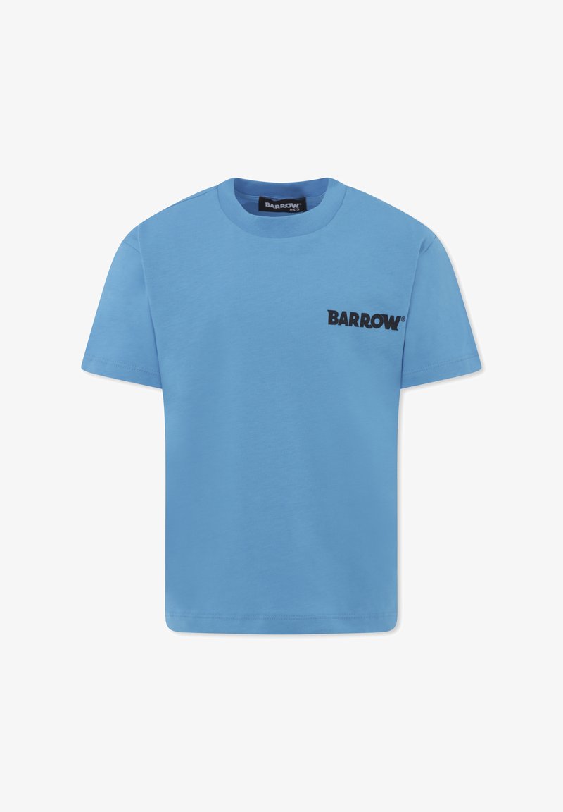 Jasnoniebieska bawełniana koszulka z okrągłym dekoltem i krótkimi rękawami, z czarnym logo "BARROW" na lewej piersi. Gładka tekstura, regularny krój.