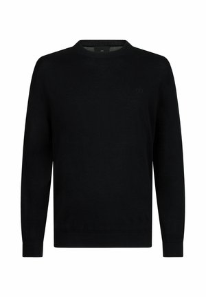 Pull noir à manches longues, col rond, avec poignets et ourlet côtelés, présentant un petit logo discret sur le côté gauche de la poitrine.