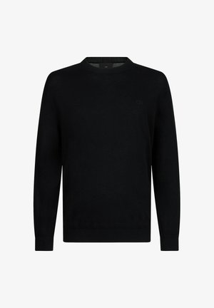 Pull noir à manches longues, col rond, avec poignets et ourlet côtelés, présentant un petit logo discret sur le côté gauche de la poitrine.