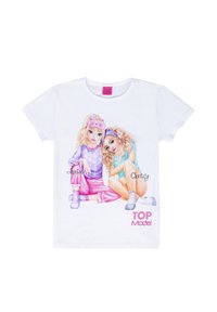 T-shirt bianco in cotone con un'illustrazione colorata di due ragazze, una in viola e l'altra in acqua, con il testo "Louise", "Christy" e "TOP Model."