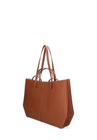 Borsa a tracolla in pelle marrone con doppio manico, caratterizzata da un design strutturato, cuciture visibili e un ampio apertura superiore.