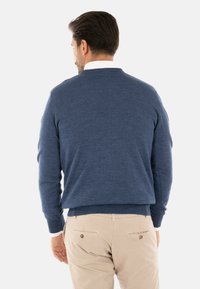 Maglione blu a maglia con maniche lunghe e scollo a rotondo, caratterizzato da una texture liscia e polsini a costine, indossato sopra una camicia bianca con colletto.