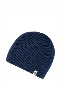Navy blue knitted beanie hat with a ribbed texture and a small tag on the side. Features a close-fitting design for warmth and comfort.
