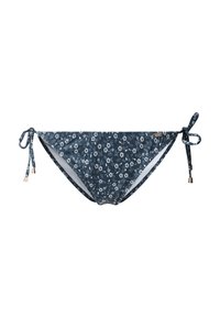 Tengeréskék bikini alsó apró virágmintával, állítható oldalmegkötőkkel és arany fém részletekkel. Rugalmas anyagból készült.