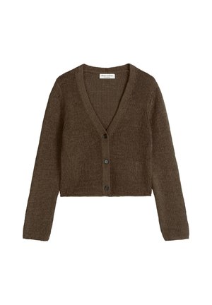 Brauner gestrickter kurz geschnittener Cardigan mit langen Ärmeln und drei Knöpfen vorne, mit einem V-Ausschnitt und einem Marc O'Polo-Label im Inneren des Kragens.