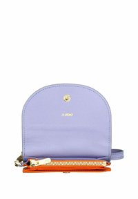 Purple leather wallet with a rounded top, gold hardware, and an orange zipper accent. Features a snap closure and visible brand logo.