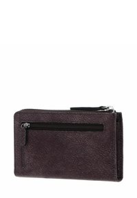 Portefeuille en cuir marron foncé avec deux compartiments zippés, présenté fermé et légèrement incliné sur un fond blanc.