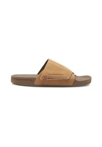Brune sandleflip-flops med suede-overdel, gummisåle og sydde detaljer, med Quiksilver-logo på reimen.