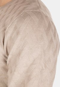 Maglione lavorato a maglia di un beige chiaro che mostra un motivo texture di linee diagonali intrecciate. Il tessuto appare morbido e ha una finitura liscia.
