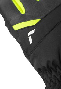 Schwarzer Handschuh mit leuchtend grünen Akzenten und strukturiertem Finish, mit weißem Logodesign und elastischem Bündchen am Handgelenk für einen sicheren Sitz.