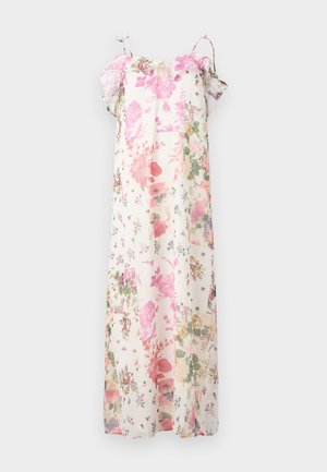 Blomstrete maxikjole med pastellrosa, grønn og lilla mønster på hvit bakgrunn. Lettvektig, med fløyelsmyke ermer og justerbare stropper.